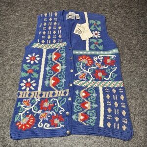 Portraits Northern Isles Cardigan Sweater Vest Floral Flower Large NEW Hand Knit